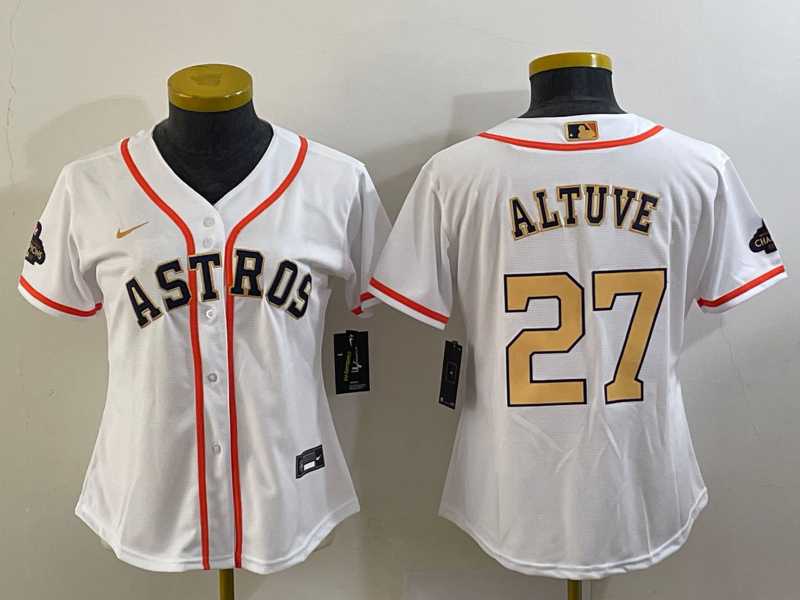 Women%27s Houston Astros #27 Jose Altuve 2023 White Gold World Serise Champions Patch Cool Base Stitched Jersey->mlb womens jerseys->MLB Jersey
